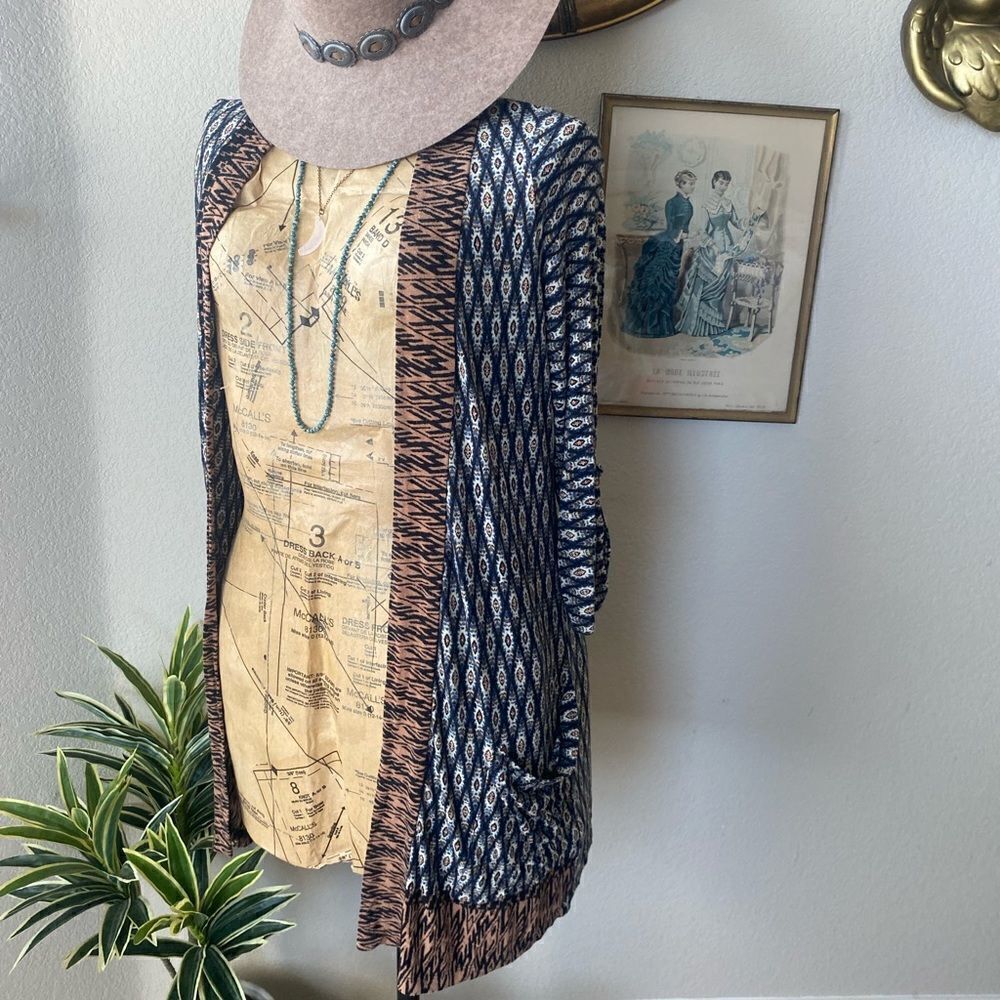 Olive Tree Boho Blue Tan Open Front Duster Cardigan sz M